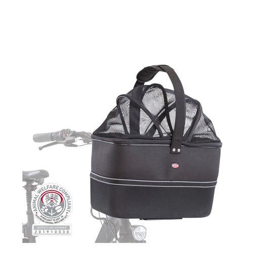 Hondenfietsmand Zwart met regenkap tot 6 kg.