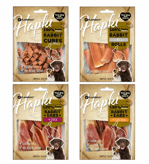 Hondensnackpakket Hapki Konijn met vier verpakkingen van 85 gram: blokjes, sigaren met rijst en konijnenoren met kip en eend