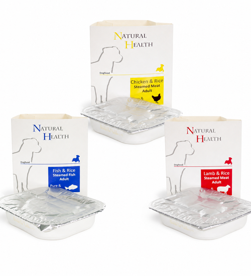 Natural Health Dog Steamed P&S proefpakket met Chicken & Rice, Fish & Rice en Lamb & Rice