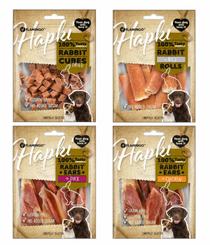 Hondensnackpakket Hapki Konijn met vier verpakkingen van 85 gram: blokjes, sigaren met rijst en konijnenoren met kip en eend