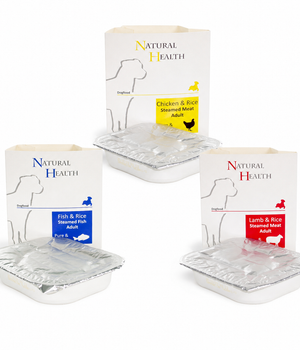 Natural Health Dog Steamed P&S proefpakket met Chicken & Rice, Fish & Rice en Lamb & Rice